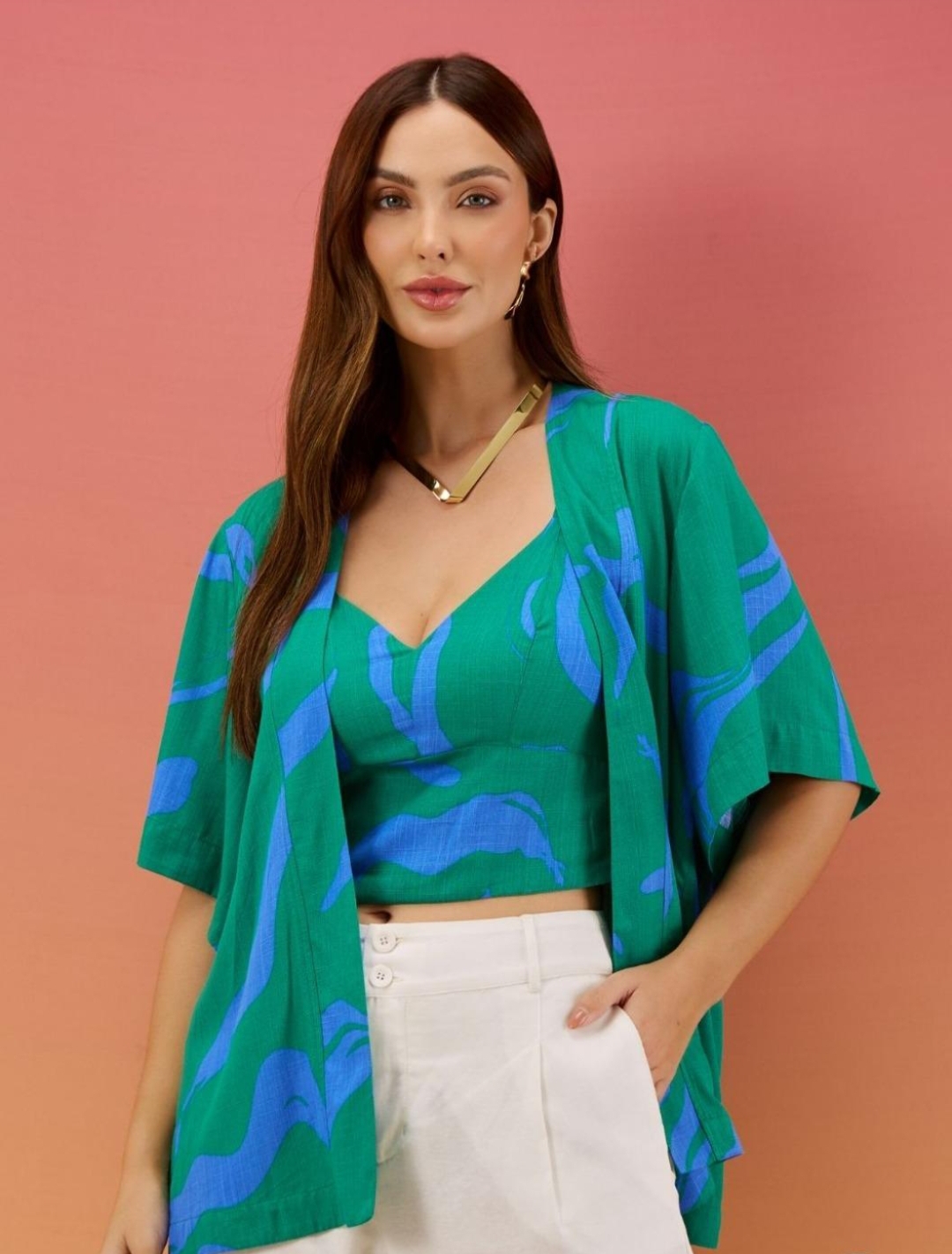 Conjunto de Kimono e Croped Verde