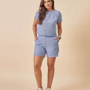 Conjunto Listrado Blusa e Short Franzido na Lateral
