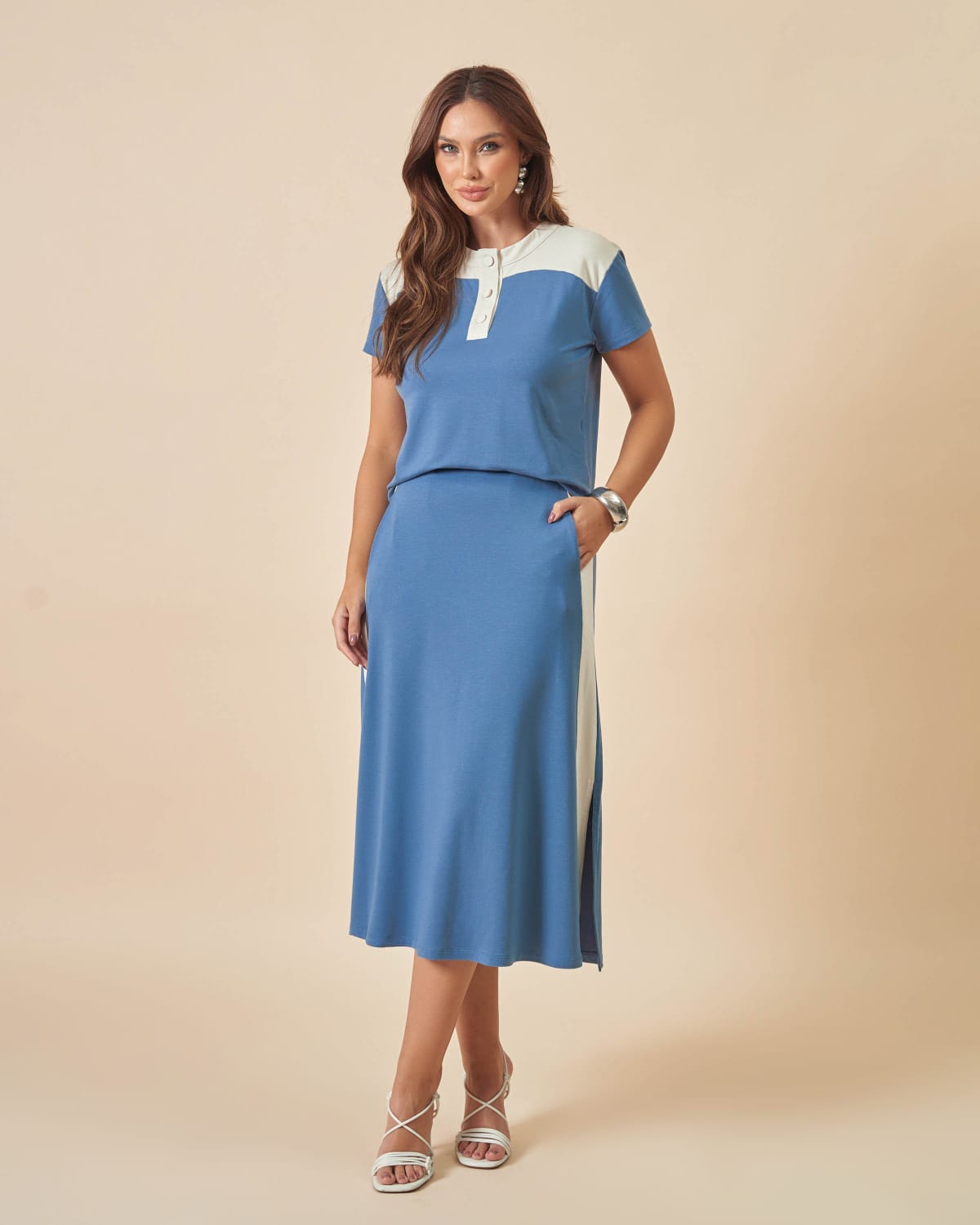 Conjunto Moletinho com Saia Midi e Fenda na Lateral