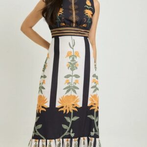 Vestido Plano Longo Com Decote Canoa Estampado