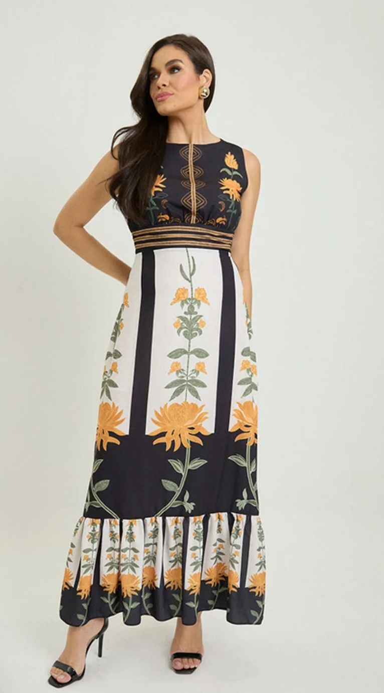 Vestido Plano Longo Com Decote Canoa Estampado