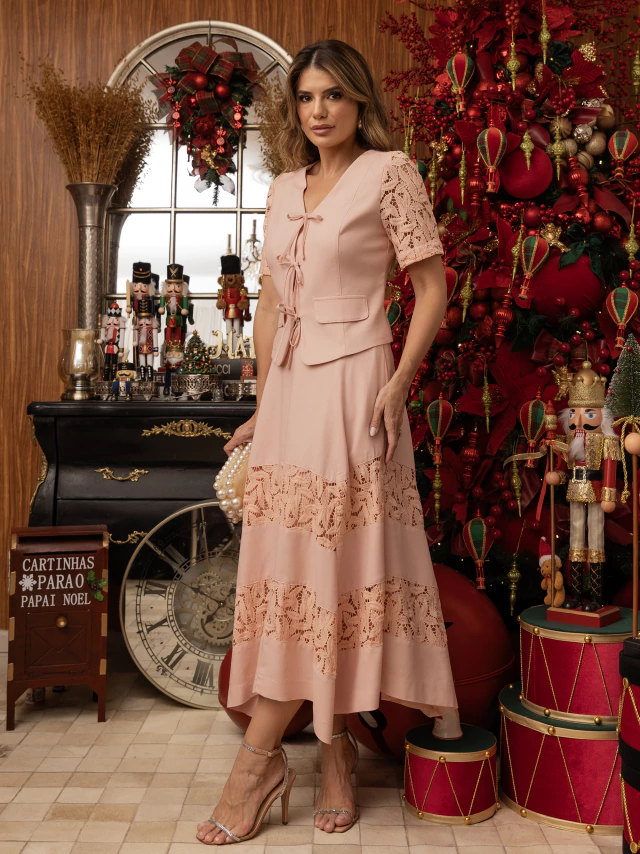 Conjunto Linho Com Renda Rose - Imagem 2