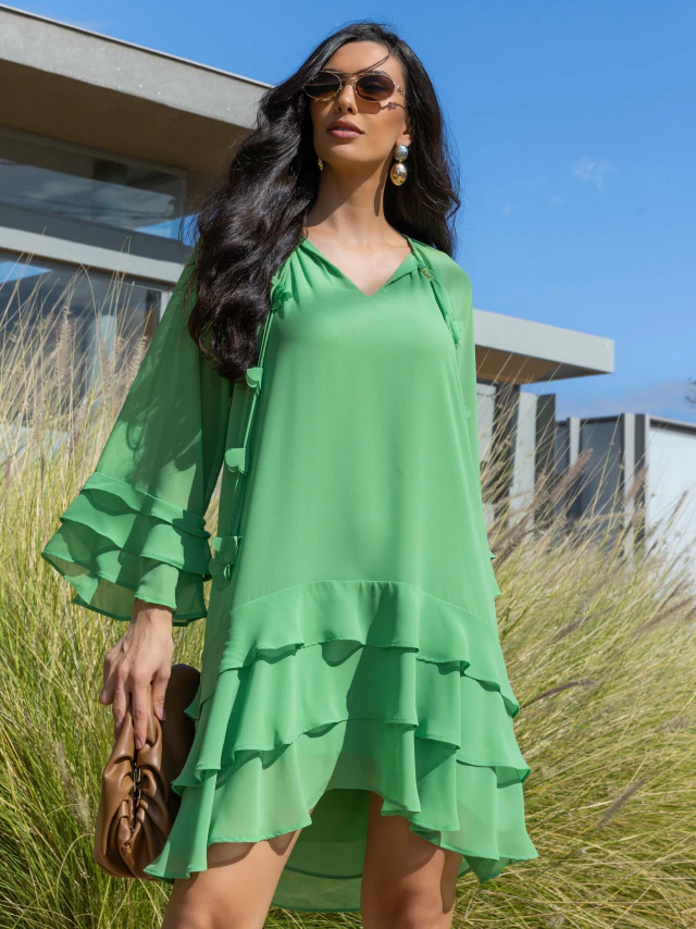 Vestido Chiffon Bata Com Flores Aplicadas - Imagem 3