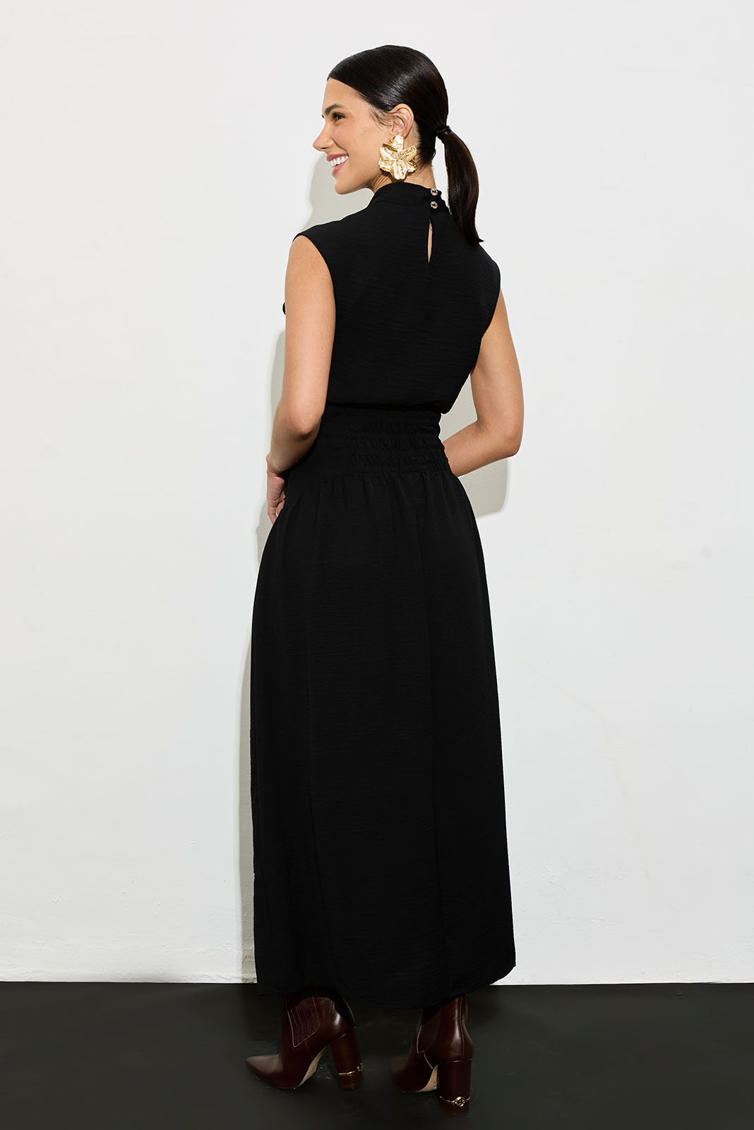 Vestido Galho De Ouro Vestido Bordado com Amarração Frontal Preto